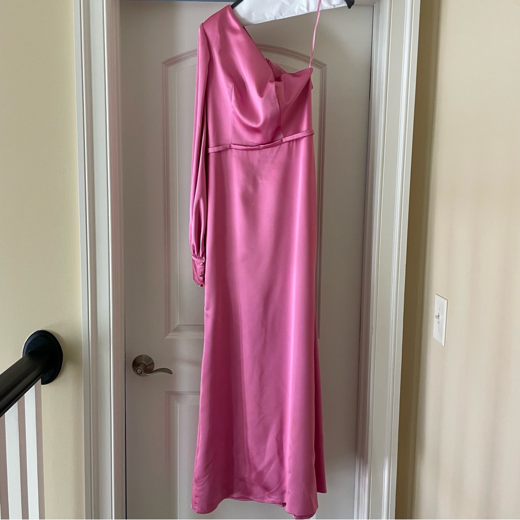 Ieena For Mac Duggal One-Shoulder Bishop-Sleeve Pink Trumpet Gown Size 4 — image 6 of 8
